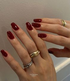 Dark Red Nails Acrylic Coffin Short, Andria Barbone Ring, Coffin Shape Red Nails, Red Acyrilics Nails, Corporate Nail Designs, Best Nail Color For Pale Skin, Nails For Red Dress Ideas, Short Red Almond Nails