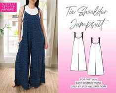 a woman wearing a jumpsuit sewing pattern with the text, the stollher jumpsuit