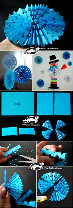 the instructions for how to make an origami fan with blue paper and scissors