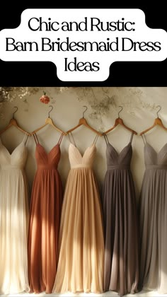 Chic and rustic bridesmaid dresses in earthy tones, perfect for a barn wedding, featuring flowing fabrics and timeless style. Fall Rustic Wedding Bridesmaid Dresses, Fall Barn Bridesmaid Dresses, Western Fall Bridesmaid Dresses, Boho Theme Bridesmaid Dresses, Fall Western Wedding Bridesmaid Dress With Boots, Fall Boho Bridesmaid Dress, Rustic Theme Bridesmaid Dresses, Rustic Fall Wedding Ideas Autumn October Bridesmaid Dresses, Country Chic Bridesmaid Dresses