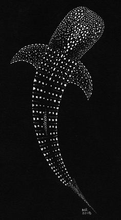 a black and white drawing of a whale's tail with dots on the water