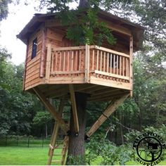 a tree house built into the side of a tree in a field with trees around it