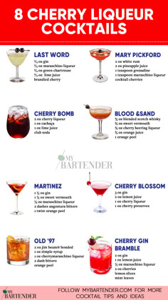 Cherry Liqueur Cocktails Cherry Liqueur Cocktails, Liqueur Cocktails, Bartender Recipes, Bartender Drinks Recipes, Cherry Drink, Tart Flavors, Cocktails Easy, Bartender Drinks, Cocktail Drinks Alcoholic