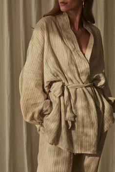 Linen Loungewear Set, Linen Sleepwear, Belt Kimono, Kimono Style Tops, Mode Abaya, Linen Loungewear, Linen Fashion, Woven Fabrics, Summer Linen