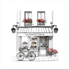 a drawing of a flower shop with flowers in the window and a bicycle parked outside