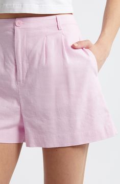 Crisp pleats add structure to these breezy trouser-shorts cut from a lightweight and airy linen blend. 2 1/2" inseam; 26" leg opening; 14" front rise; 15" back rise (size Medium) Zip fly with button closure Side-seam pockets Lined 53% linen, 44% rayon, 3% spandex Machine wash, tumble dry Imported Trouser Shorts, Short Cuts, Linen Blend, Nordstrom Rack, Size 16, High Waist, Size 12, Size 2, Nordstrom