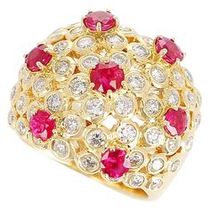 For Sale on 1stDibs - A Seven Round Ruby and Round Diamond Cocktail Cluster Ring in 18K Yellow Gold 7 Stone Rubies Total Weight: 17.20 grams. Luxury Ruby Cluster Ring With 17 Jewels, Luxury Gold Ruby Cluster Ring, Ruby And Diamond Ring, Gold Cocktail, Bezel Set Diamond, Ruby Diamond, Types Of Rings, Different Kinds, Cluster Ring