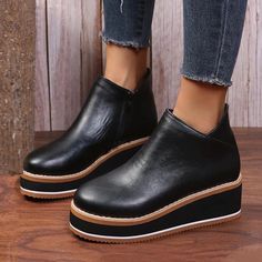 Chic Women's Black Platform Wedge Ankle Boots - Casual and Trendy Footwear for Everyday Wear 2024 - $24.99 Casual Thick Bottom Martin Boots For Fall, Trendy Fall Wedge Ankle Boots, Trendy Fall Ankle Wedge Boots, Trendy Black Ankle Wedge Boots, Trendy High Ankle Wedge Boots For Fall, Trendy Black Platform Boots With Wedge Heel, Trendy Black Wedge Boots, Casual Wedge Heel Platform Boots For Winter, Casual Black Platform Boots With Thick Sole