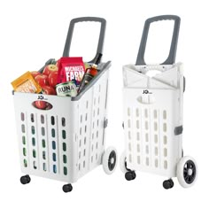 two white shopping baskets with handles and wheels on each side, one is full of food