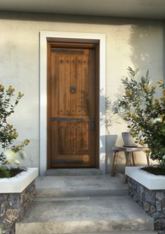 a wooden door sitting on the side of a white wall next to plants and potted trees