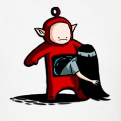 a person in a red costume holding a black bag