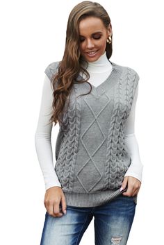 Gray Sleeveless Cable Knitted Sweater Tank