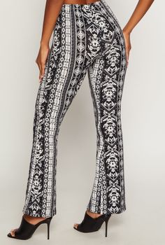 Casual Pant, Flared Leg, High Waisted, Border Print, Item Number 3061062701062 Patterned Vacation Bottoms, Non-stretch Black Printed Bottoms, Non-stretch Printed Black Bottoms, High Waist Stretch Printed Bottoms, High-waisted Printed Black Bottoms, High Waist Black Printed Bottoms, Printed Full-length Fitted Bottoms, Fitted Full Length Printed Bottoms, Fitted Full-length Printed Bottoms