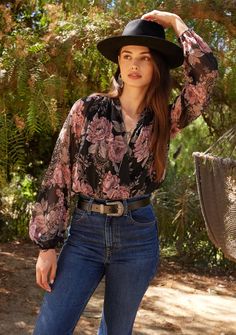 Women's Boho Black & Pink Floral Chiffon Surplice Blouse | LOVESTITCH Pink V-neck Blouse With Blouson Sleeves, Pink Blouson Sleeves V-neck Blouse, Boho Professional Style, Sheer Blouse Outfit, Surplice Blouse, Reuse Clothes, Badass Outfit, Bohemian Blouse, Outdoor Girls