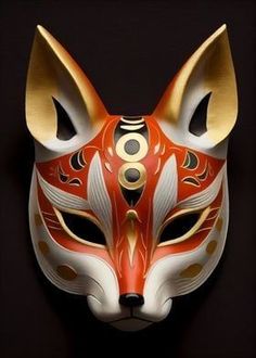 a red and white mask with gold details on it's face, against a black background