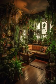 a living room filled with lots of green plants