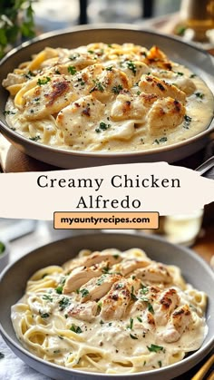 creamy chicken alfredo in a skillet on a table