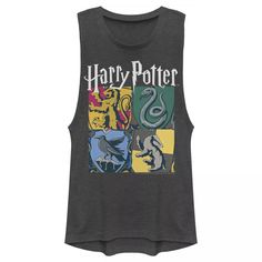 a harry potter tank top with hogwarts and sly's symbols on it