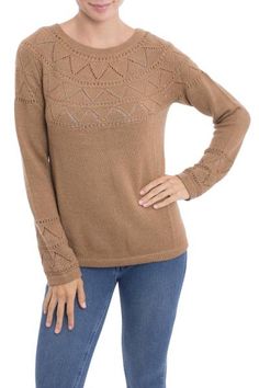 Enjoy the soft touch of baby alpaca wool when you pull on this cozy sweater from Peru. By Marleny Quijahuaman the sweater comes in a warm camel color. Triangular pointelle motifs are added to the bodice and sleeves of the lovely garment. Fall Long Sleeve Alpaca Sweater, Alpaca Blend Sweater, Casual Brown Alpaca Sweater, Alpaca Knit Long Sleeve Sweater, 100% Peruvian Alpaca Sweater Women, Alpaca Sweater, Camel Color, Fine Yarn, Cozy Sweater