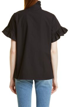 A crisp cotton blouse goes in for the charm with ripples of ruffles embellishing the placket and sleeves. 26" length (size Medium) 100% cotton Dry clean Imported Blouse Nordstrom, Cotton Blouses, Ruffles, Tunic Tops, Nordstrom, Women's Top, Black