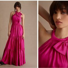 Mac Duggal Satin Fabric (100% Polyester) Fully Lined Through Body Halter Neckline Sleeveless Statement Bow At Neckline Ruffled Tiered Skirt Concealed Back Zipper Approx. 62.5" From Top Of Shoulder To Bottom Hem Available In Fuchsia (Pink) Style #506581 Bust: 38" Waist: 30" Hips: 41" Fuschia Wedding Dress, Fuschia Wedding, Halter Neck Gown, Mac Duggal Dresses, Party People, Mac Duggal, Pink Style, Size 8 Dress, Fuchsia Pink