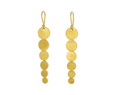 The fluid lines and feminine design of these cascade drop earrings by Jane Diaz make them a standout in any casual jewelry collection. The satin finished, gold plated circles hang freely from one and other in a linear arrangement emitting a sculptural, sophisticated presence. Easy to dress up or down, these give you the look of high karat gold, at a fraction of the price. total length : 2" graduated discs : 10mm - 5mm diameter gold plated ear wires Modern Gold-tone Drop Linear Earrings, Long Drop Brass Linear Earrings For Party, Modern Long Drop Linear Earrings, Yellow Gold Long Drop Earrings For Party, Modern Brass Linear Earrings For Party, Modern Gold-tone Dangle Linear Earrings, Chic Long Drop Linear Earrings For Formal Events, Chic Long Drop Linear Earrings For Formal Occasions, Gold-tone Long Drop Linear Earrings