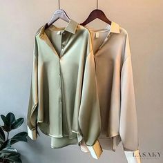 Lasaky - Chic and Luxurious Long-Sleeve Satin Shirt with Retro Design Satin Shirts For Women, Womens Silk Shirts, Top Transparente, Khaki Blouse, Chique Outfit, Satin Bluse, Silk Shirts, Vintage Blouse, Satin Shirt