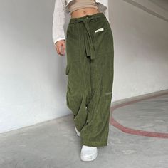 Vintage Corduroy Pants Aesthetic Women Low Waist Belted Straight Legs Trousers with Pockets Harajuku Sweatpants