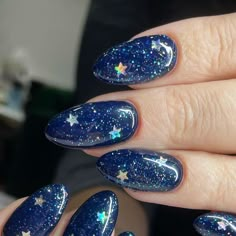 Taylor Swift Midnights Inspired Nails, Starry Nails Short, Ravenclaw Inspired Nails, Space Themed Nails Acrylic, Starry Nails Acrylic, Star Night Nails, Starcatcher Nails, Midnight Rain Nails, Purple Celestial Nails