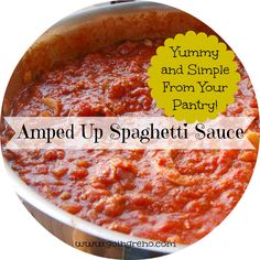 a pan filled with spaghetti sauce and the words yummy and simple from your party