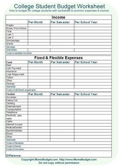 the college student budget worksheet is shown in this image, it shows that students are