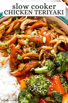 slow cooker chicken teriyaki with broccoli and carrots on top