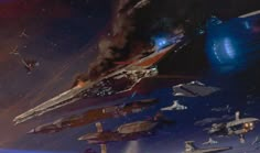 a group of star wars ships flying through the sky