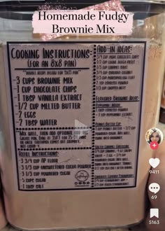 the instructions for making homemade fudge brownie mix in a blender with pink glitter