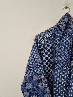 Traditional Blue Long Sleeve Outerwear, Traditional Long Sleeve Blue Outerwear, Long Sleeve Cotton Kimono With Patchwork, Long Sleeve Cotton Patchwork Kimono, Cotton Patchwork Long Sleeve Kimono, Blue Cotton Outerwear With Kimono Sleeves, Blue Long-sleeved Cotton Kimono, Blue Cotton Long Sleeve Kimono, Blue Long Sleeve Cotton Kimono