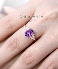 Oval Amethyst Wedding Ring Marquise Diamond Wing Design Engagement Ring February Birthstone Ring Amethyst Bridal Promise Ring Gift for Her - Etsy Amethyst Round Cut Jewelry For Anniversary, Amethyst Jewelry With Prong Setting For Anniversary, Purple Amethyst Cluster Ring For Anniversary, Purple Jewelry With Round Accent Stones, Purple Round Jewelry With Accent Stones, Purple Ruby Ring With Center Stone For Wedding, Purple Cluster Ring With Center Stone For Wedding, Amethyst Jewelry With Halo Setting For Anniversary, Lavender Ring Jewelry For Anniversary