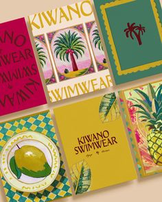 four different greeting cards with pineapples, bananas and other tropical items on them