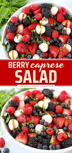 Berry Caprese Salad Summer Berry Salad, Healthy Fruit Salad Recipes, Healthy Fruit Salad, Caprese Salad Recipe, Berry Salad, Jar Recipes, Recipes Sides, Simple Salad, Fourth Of July Food