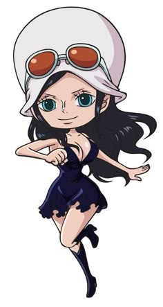 a cartoon girl wearing a white hat and black dress