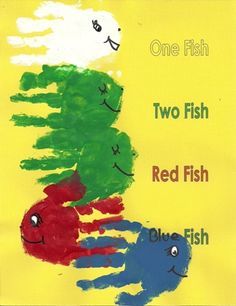 one fish, two fish, red fish and blue fish are handprinted on yellow paper