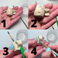 four pictures showing how to paint fake teeth with acrylic paste and glues