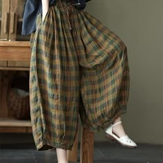 Artsy Clothes, Cotton Wide Leg Pants, Wide Leg Linen Pants, Diy Sewing Clothes, Yellow Plaid, Pantalon Large, Plaid Fashion, Plaid Pants, 가을 패션