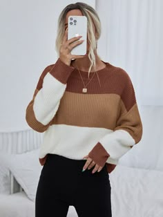 Multicolor Casual  Long Sleeve Acrylic Colorblock Pullovers Embellished Slight Stretch Spring/Fall Women Knitwear Pull Oversize, Drop Shoulder Sweater, Pullover Outfit, Colour Blocking, Drop Shoulder Sweaters, Oversized Pullover, Color Block Sweater, Really Cute Outfits, Shoulder Sweater