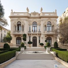 a large white building with lots of windows and balconies on the front steps