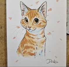 a drawing of a cat with brown and white stripes on it's face, looking at the camera