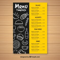 a restaurant menu with hand drawn food items on the front and back cover, in black and yellow