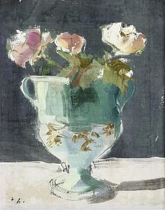 a painting of flowers in a vase on a table