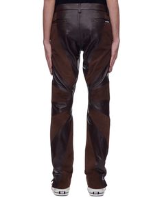 Brown Leather Sunshine Pants. Made In Los Angeles 100% Leather Sunshine leather Contrast Motif Straight Fit Dry Clean Only Leather Pants With Belt Loops, Luxury Brown Leather Bottoms, Luxury Leather Trousers, Luxury Leather Straight Leg Bottoms, Fitted Brown Leather Trousers, Luxury Leather Pants For Fall, Brown Leather Pants With Belt Loops, Brown Bottoms With Five Pockets, Brown Leather Trousers With Belt Loops