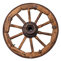 an old wooden wagon wheel isolated on white background with clipping path to the center