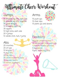 cheer workout for flyers, bases, and backspots Core Workout For Cheerleaders, Cheerleading Workouts Flyers, Cheer Summer Workout, Cheer Motions Printable, Cheer Lesson Plans, Cheerleading Flyer Workouts, Cheerleading Flyer Tips, Cheer Stunts Basket Toss, School Cheer Tryout Tips